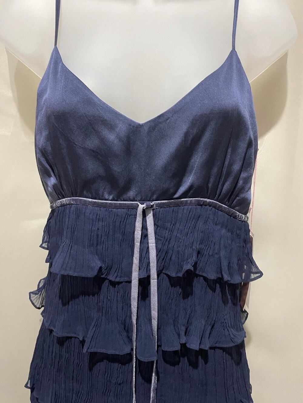 Navy Satin & Ruffle Spaghetti Strap Dress